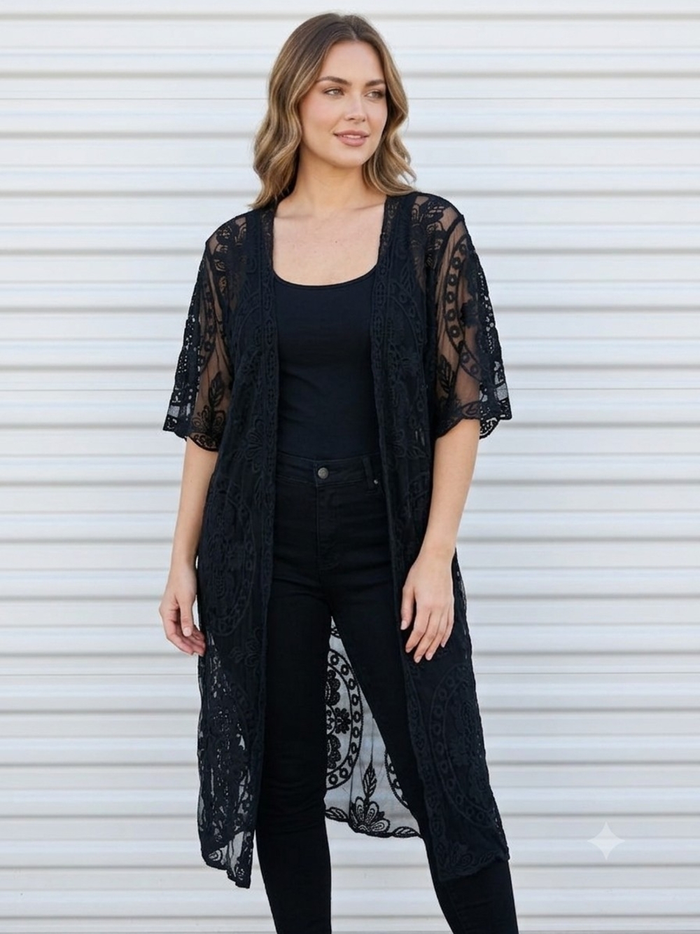 Black Lace Open-Front Duster Cardigan - Women Sweater Shrug